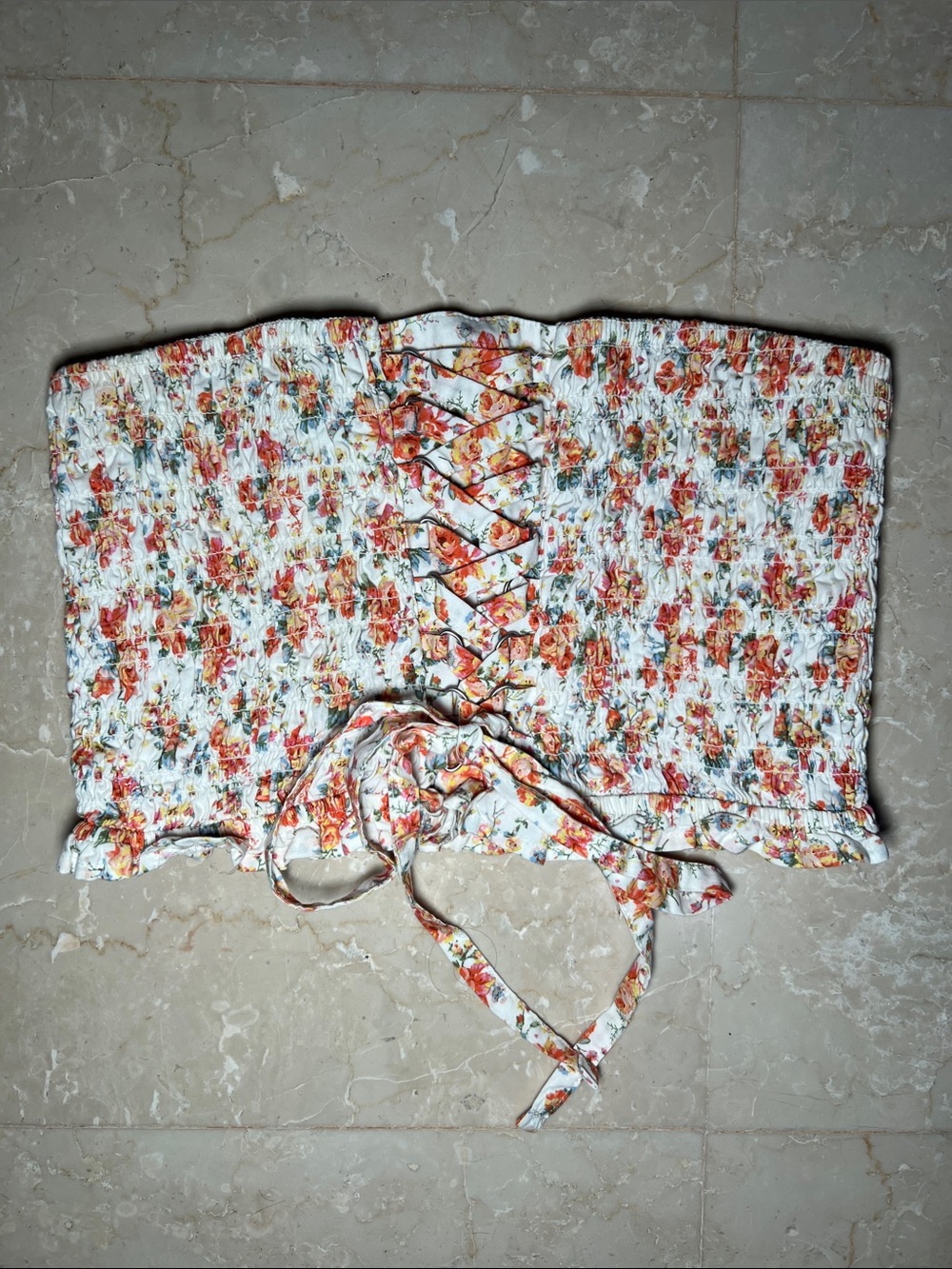 American Eagle Outfitters White Smocked Tube Top with Orange and Green Floral